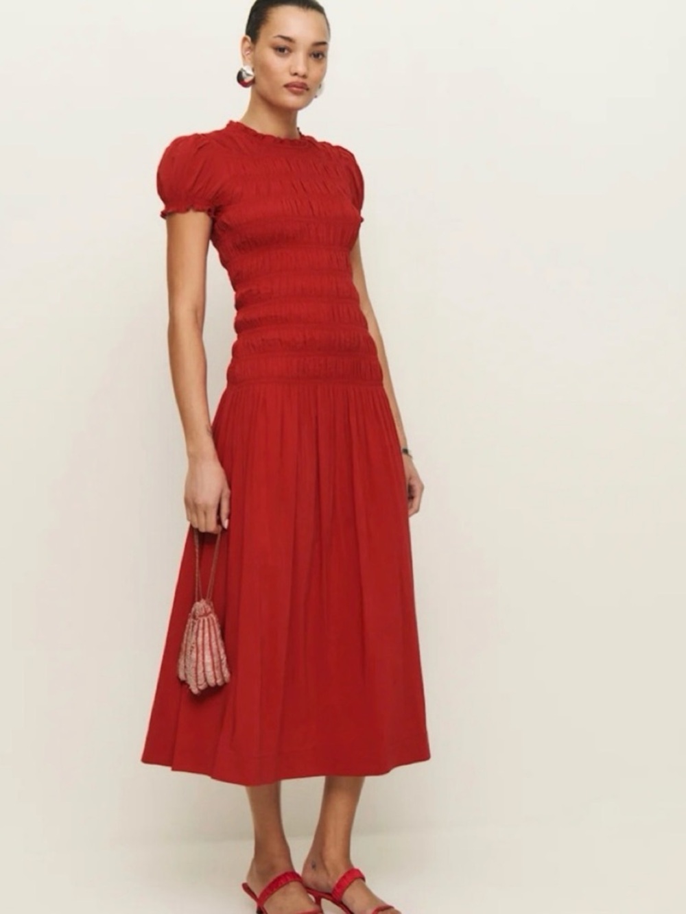 Reformation Red Smocked Puff-Sleeve Midi Dress